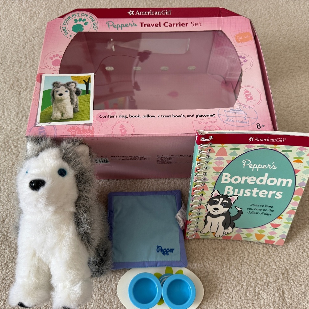 American Girl dog "Pepper" with travel carrier and accessories